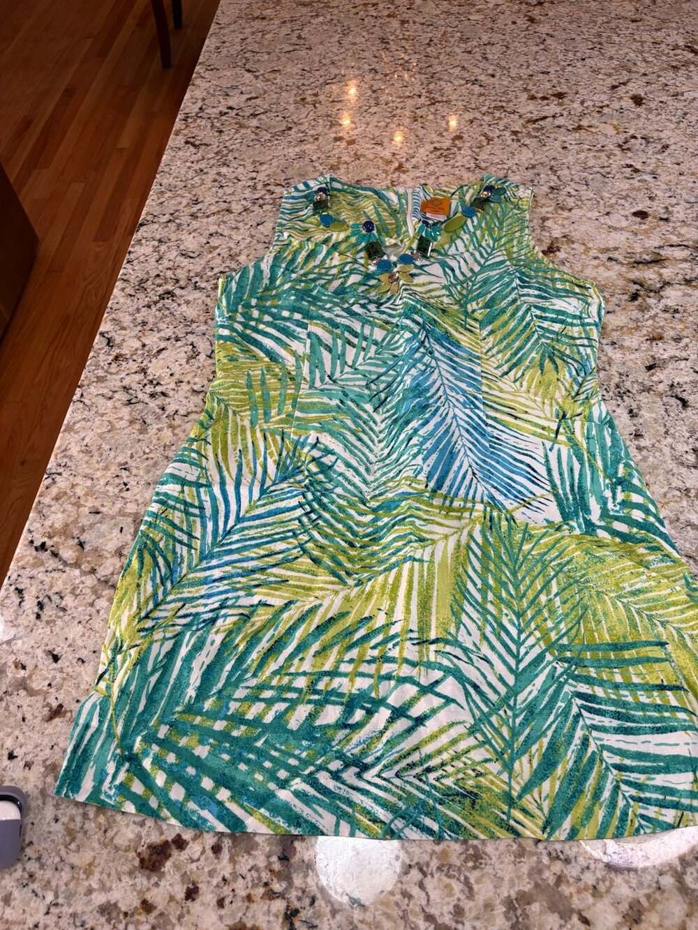Ruby Rd. Petite Embellished Palm Leaf Dress Size 10P Blue Green Linen